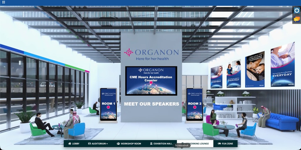 3D CME networking hub with speaker kiosk and accreditation counter
