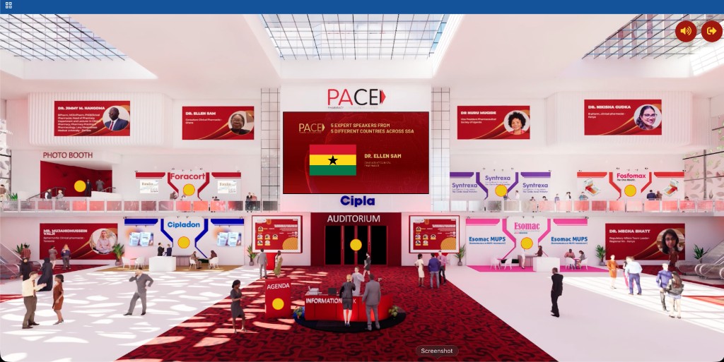 VIDE branded 3D congress atrium with sponsor booths and auditorium access