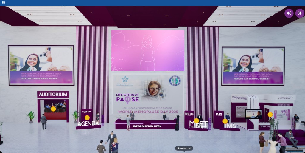 Medical congress 3D virtual lobby with information desk and auditorium entrance